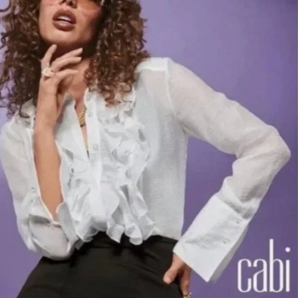 Cabi White Ruffle Blouse Long Sleeve Button Front Jabot Top 4537 Womens Large